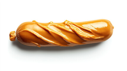 Close-up of a smooth peanut butter spread on a sausage-shaped object, isolated on a white background.