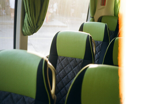 Rows of empty seats on an intercity bus