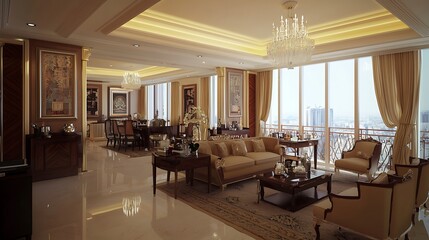Fototapeta premium Luxurious living room with elegant furnishings and large windows showcasing a city view.