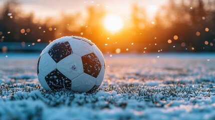 Snow-covered soccer ball on a frosty field at sunrise, capturing the beauty of winter sports.