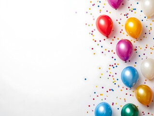 Colorful Balloons and Confetti Scattered on White Background