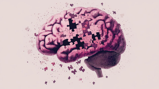 A human brain with a missing piece, like a puzzle. This is a creative illustration of artificial intelligence (AI), made with simple dots and lines.