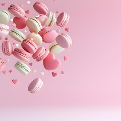 Fototapeta premium Colorful macarons arranged in a heart-shaped pattern in mid-air, creating a playful romantic feel, 8K