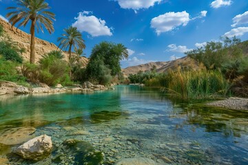 Obraz premium Serene Oasis with Palm Trees and Clear Water in Desert Landscape under Blue Sky