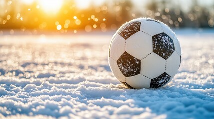 A soccer ball covered in snow on a sunny winter day, glowing in the sunlight.