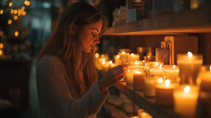Woman choosing candles in home decor store, sniffing aroma, cozy setting