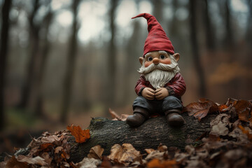 A whimsical garden gnome with a bright red hat sits charmingly on a log in a serene, autumn forest setting, surrounded by fallen leaves.