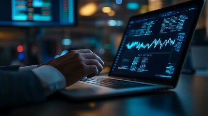 Analyzing stock market trends on a laptop in a modern office setting during evening hours
