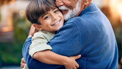 Fototapeta premium Close-up of a grandfather hugging his granddaughter