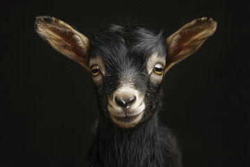 Fototapeta premium Close-up portrait of a young goat with expressive eyes and textured fur, set against a dark background, highlighting its striking features and curious expression.