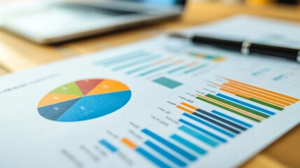 Detailed financial report with colorful charts on a wooden desk during a business meeting