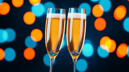 Two champagne glasses sparkle on a table against a vibrant blue background, evoking a sense of celebration and elegance.