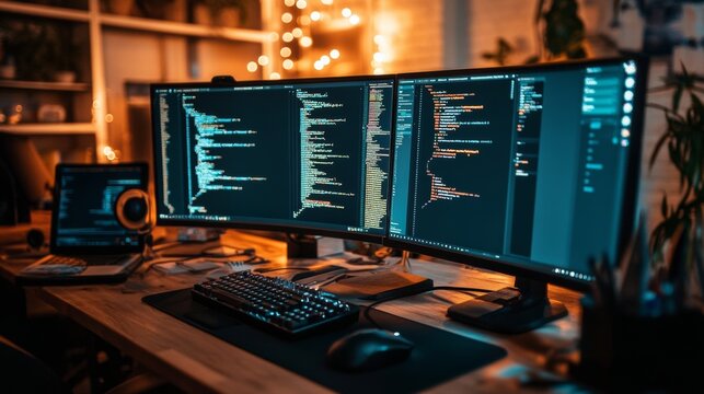 A cozy workspace with dual monitors displaying code in a warm-lit home environment at night