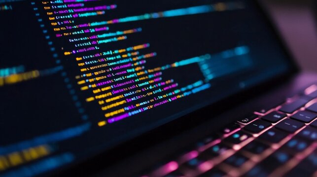 Coding with colorful syntax highlighting on a laptop during late-night programming session