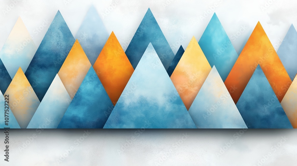Poster series of blue, orange, and yellow triangles are arranged in a row. the colors and shapes create a s