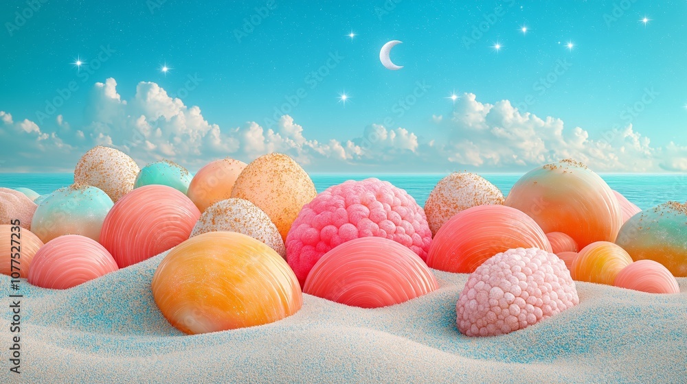 Poster beach scene with a large number of colorful shells scattered across the sand. the shells are of vari
