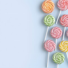Rainbow-colored lollipops twirling in mid-air, casting gentle reflections on the white backdrop, 8K