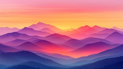 Fototapeta premium Beautiful mountain range with a pink and purple sunset in the background. The mountains are covered in trees and the sky is filled with a warm, orange glow. The scene is peaceful and serene