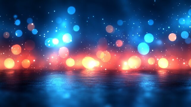 Blue and red background with many small, colorful dots. The dots are scattered throughout the image, creating a sense of movement and energy. Scene is vibrant and dynamic, with the colors