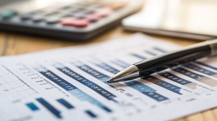 Fototapeta premium Analysis of financial data with a pen, calculator, and charts on a wooden desk
