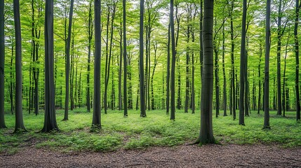Lush green forest with tall trees and a serene atmosphere.