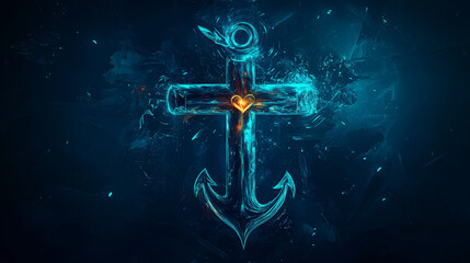 A modern, abstract design showcasing faith, hope, and love.  The symbols of the cross, anchor, and heart are featured in a futuristic, glowing style against a dark blue background.
