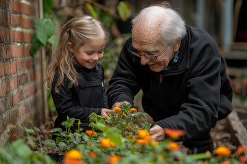 Gardening Moments: Grandfather and Granddaughter Sharing Time Among Flowers