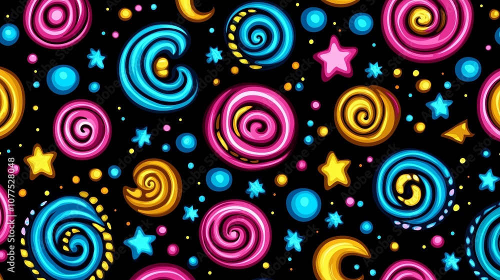 Poster colorful background with many swirls and stars. the swirls are in different colors and sizes, and th