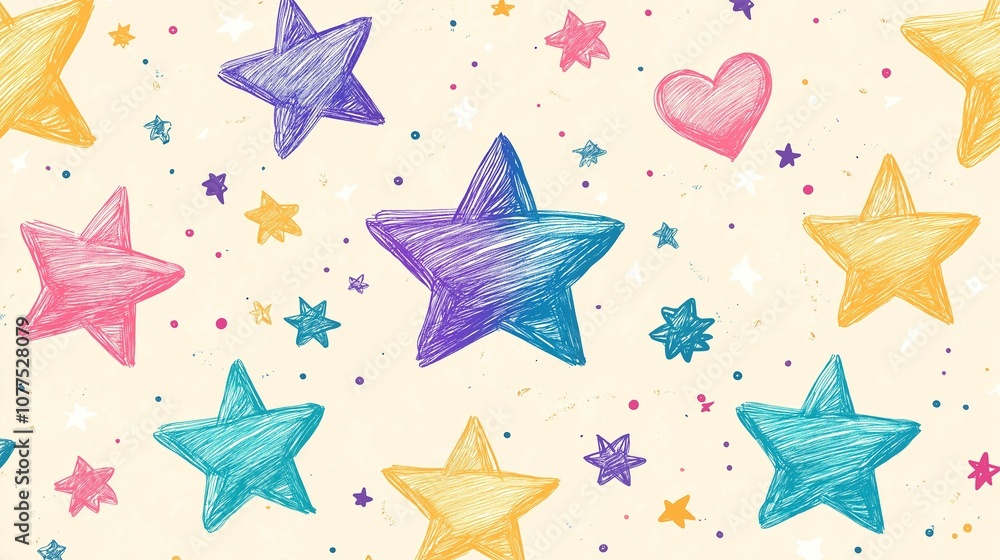 Wall mural Colorful drawing of stars and hearts. The stars are drawn in different colors and sizes, and the hearts are scattered throughout the drawing. Scene is cheerful and playful, with the stars