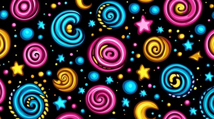 Fototapeta premium Colorful background with many swirls and stars. The swirls are in different colors and sizes, and the stars are scattered throughout the image. Scene is playful and whimsical