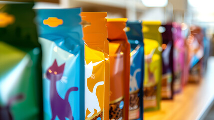 Close-Up of Colorful Cat Food Packages Displayed on a Shelf. Concept of Pet Nutrition, Feline Care, Vibrant Packaging, Healthy Choices - obrazy, fototapety, plakaty