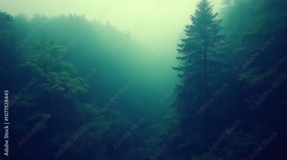 Poster forest with a foggy atmosphere and a tree in the middle. the trees are green and the sky is cloudy
