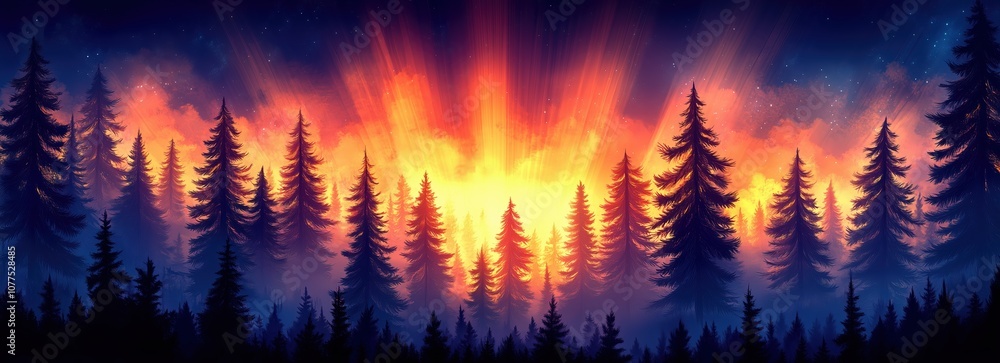 Poster forest with trees in the foreground and background. the trees are in various shades of green and bro