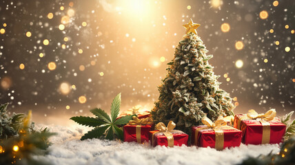 Giant bud shaped like a Christmas tree surrounded by presents and snow. Cannabis themed Christmas background for Marijuana sales at legal dispensaries.