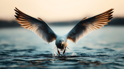 Seagull with wings outstretched skimming the water surface during flight, creating water splashes, under a soft golden light at sunrise or sunset.