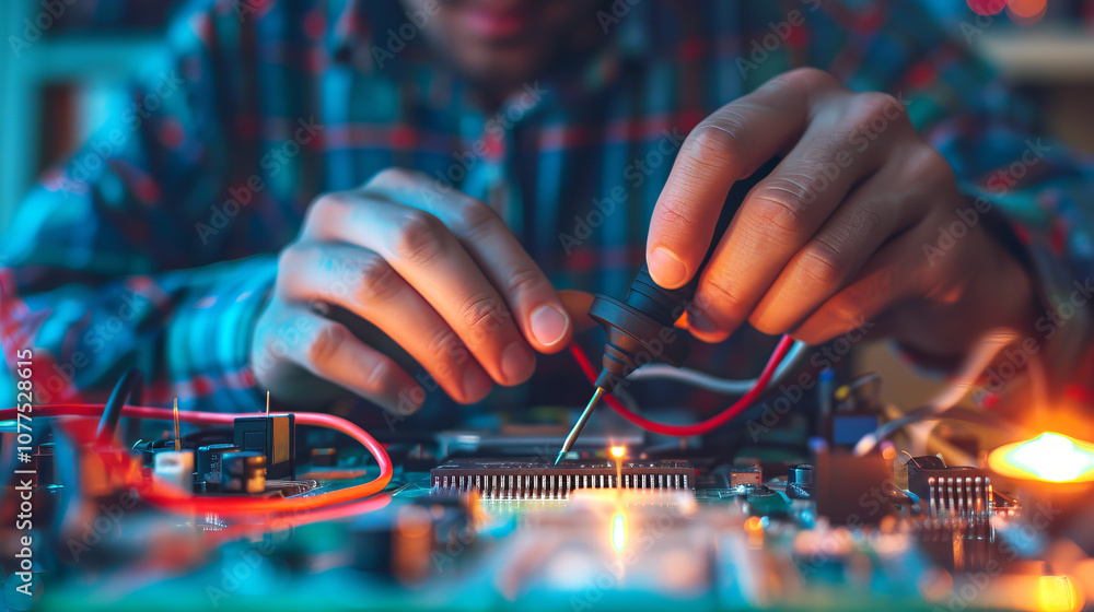 Aufkleber close-up of technician's hands assembling circuit board using precision tools. concepts of technolog