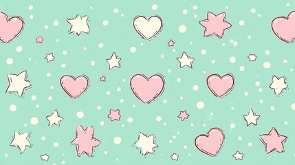Green background with a pattern of hearts and stars. The stars are white and the hearts are pink