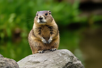 A curious marmot sits alert on a rock with lush greenery in the background, showcasing its fluffy brown fur and watchful expression.