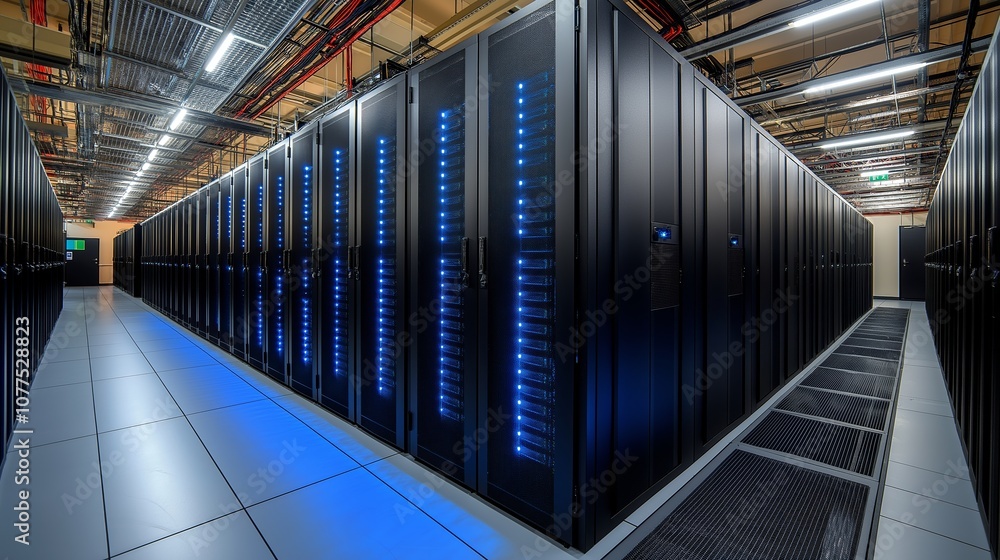 Poster large room with many computer servers. the servers are blue and are lined up in rows. the room is ve