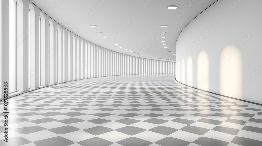 Aufkleber large, empty room with white walls and a checkered floor. the room is illuminated by a single light 