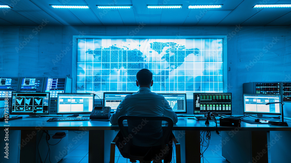 Poster man analyzing global data in high-tech control room. concept of technology management, global commun