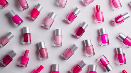 Obraz premium Assorted pink nail polish bottles scattered on a white background. Concept of beauty, nail care, fashion accessories, and colorful cosmetics
