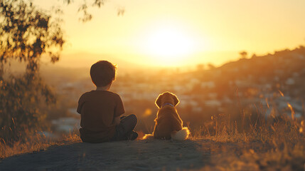 A young boy and his dog watching the sunset together on a hill sharing a peaceful and heartfelt moment.