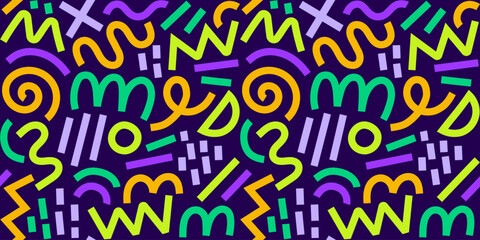 Memphis geometric seamless pattern. Multicolor abstract background in retro 80s, 90s style with various shapes: circles, semicircles, dots, zigzags, spirals, wavy lines. Cute kid doodle design.	