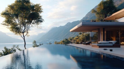 Obraz premium Modern Villa with Infinity Pool overlooking Mountains