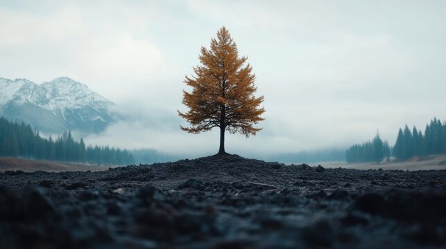 Solitary Tree on Cleared Land with Mountain Background