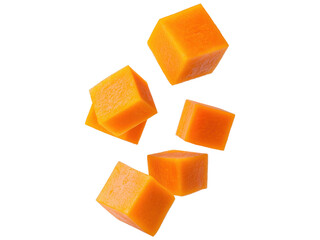 Fresh Cubes of Orange Vegetable Falling in Air