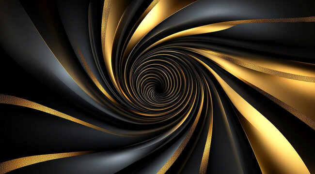 A black and gold abstract spiral design, with a dark center, creates a visual illusion of a vortex