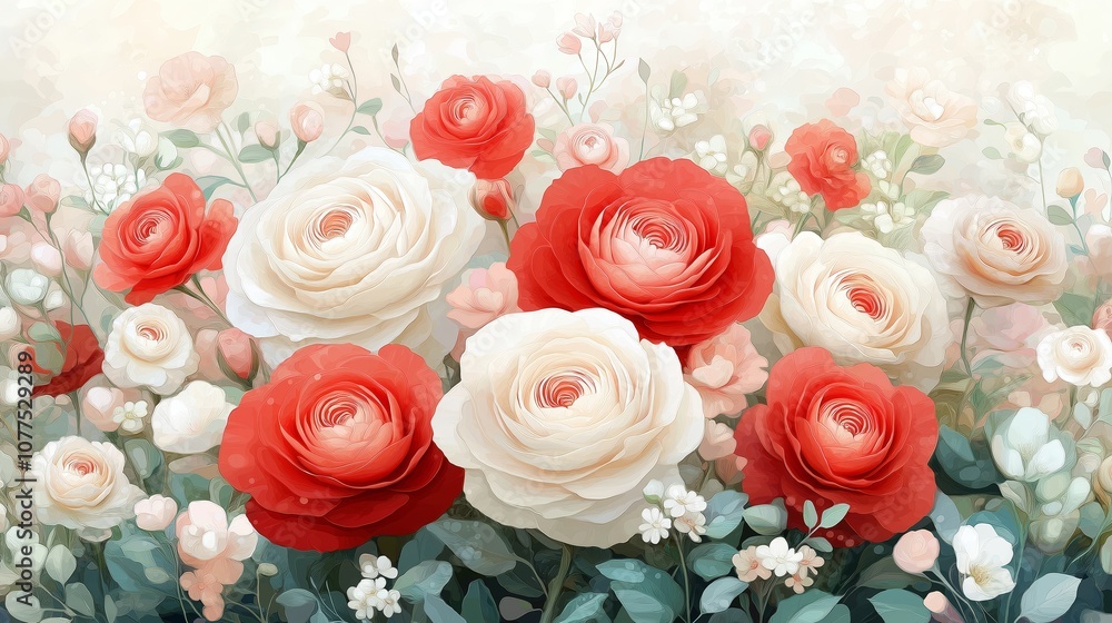 Wall mural Painting of a field of red and white roses. The painting is full of life and color, and it conveys a sense of joy and happiness. The flowers are arranged in a way that creates a sense of depth