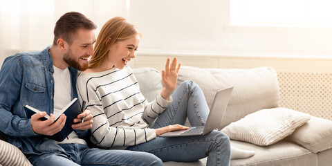 Quarantine communication. Self-isolated family talking with friends with online video call, empty...